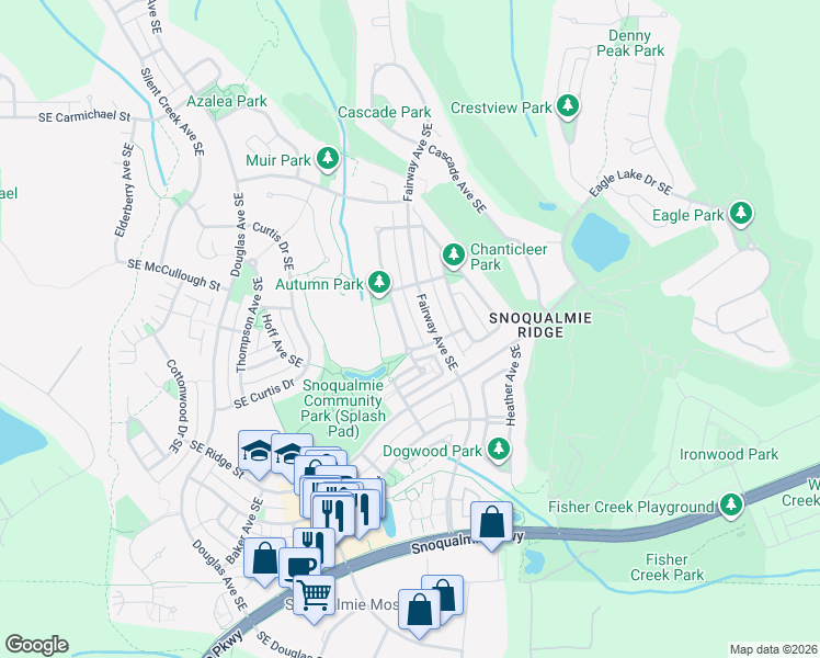map of restaurants, bars, coffee shops, grocery stores, and more near 7238 Autumn Avenue Southeast in Snoqualmie