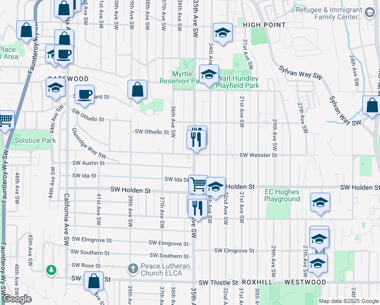 map of restaurants, bars, coffee shops, grocery stores, and more near 3504 Southwest Webster Street in Seattle