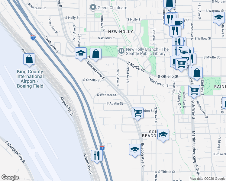 map of restaurants, bars, coffee shops, grocery stores, and more near 2975 South Webster Street in Seattle