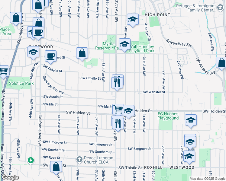 map of restaurants, bars, coffee shops, grocery stores, and more near 3516 Southwest Austin Street in Seattle