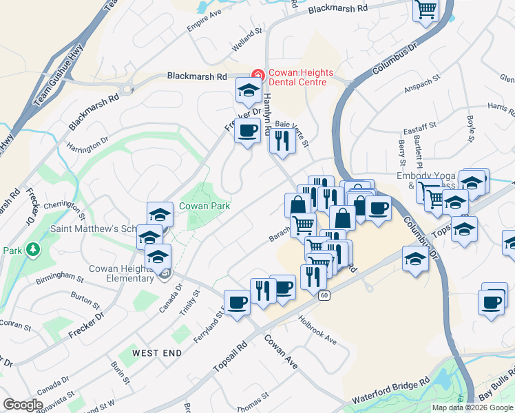 map of restaurants, bars, coffee shops, grocery stores, and more near 45 Canada Drive in St. John's
