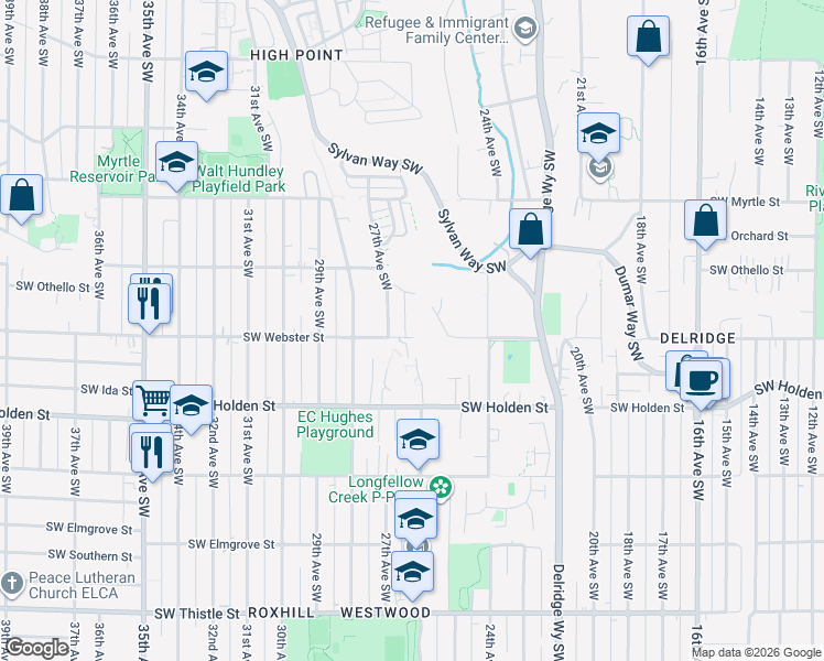 map of restaurants, bars, coffee shops, grocery stores, and more near 2425 Southwest Webster Street in Seattle