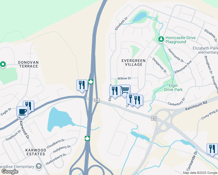 map of restaurants, bars, coffee shops, grocery stores, and more near 20 Elizabeth Drive in Paradise