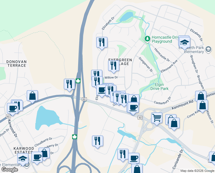 map of restaurants, bars, coffee shops, grocery stores, and more near 29 Ashgrove Drive in Paradise