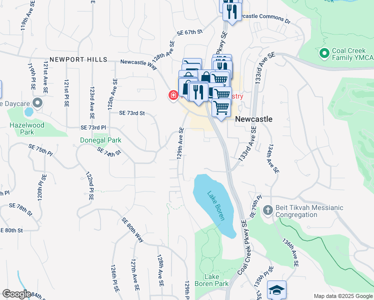 map of restaurants, bars, coffee shops, grocery stores, and more near 111 Southeast 73rd Place in Newcastle