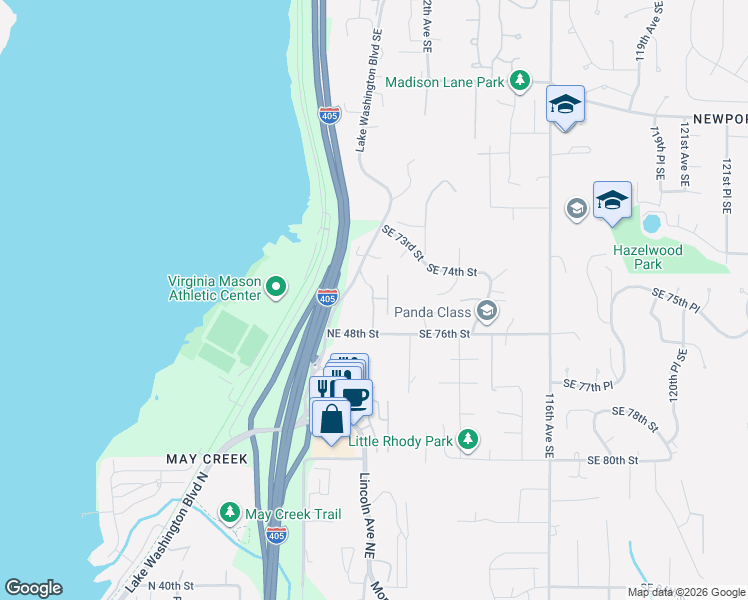 map of restaurants, bars, coffee shops, grocery stores, and more near 1900 Northeast 48th Street in Newcastle