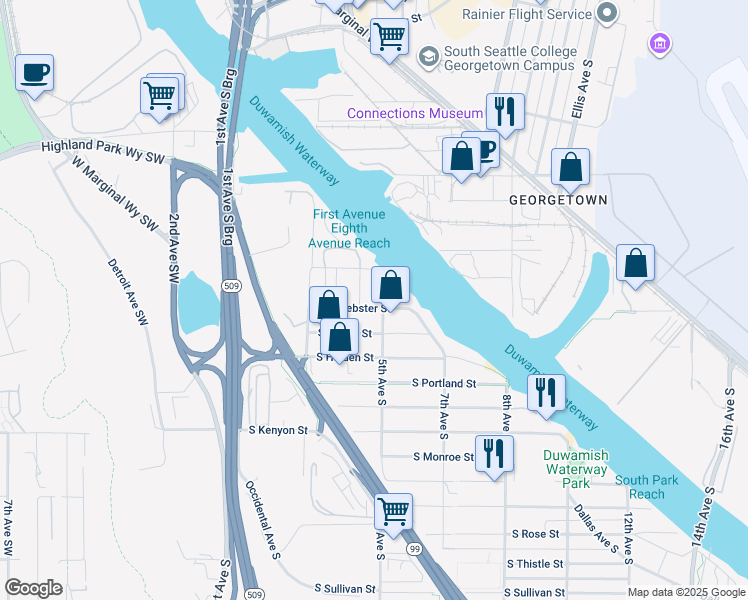 map of restaurants, bars, coffee shops, grocery stores, and more near 498 S Fontanelle St in Seattle