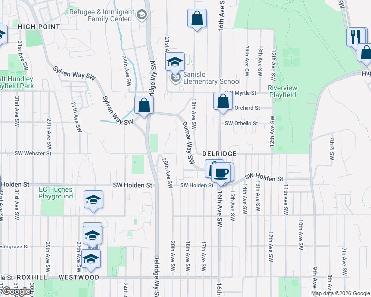 map of restaurants, bars, coffee shops, grocery stores, and more near 7315 Dumar Way Southwest in Seattle