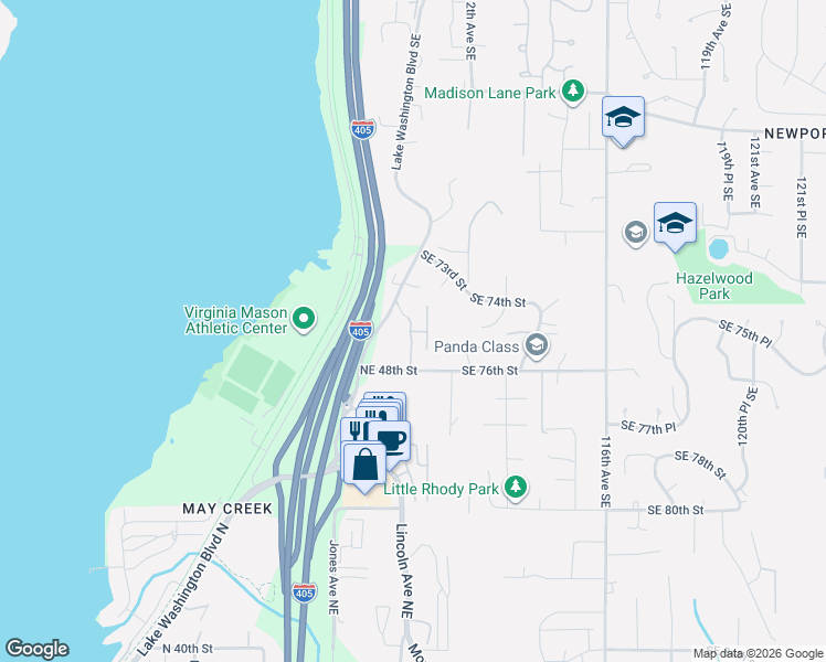 map of restaurants, bars, coffee shops, grocery stores, and more near 1900 Northeast 48th Street in Newcastle