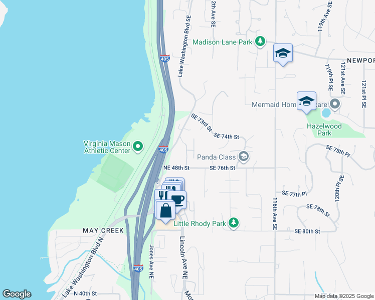 map of restaurants, bars, coffee shops, grocery stores, and more near 1900 Northeast 48th Street in Renton