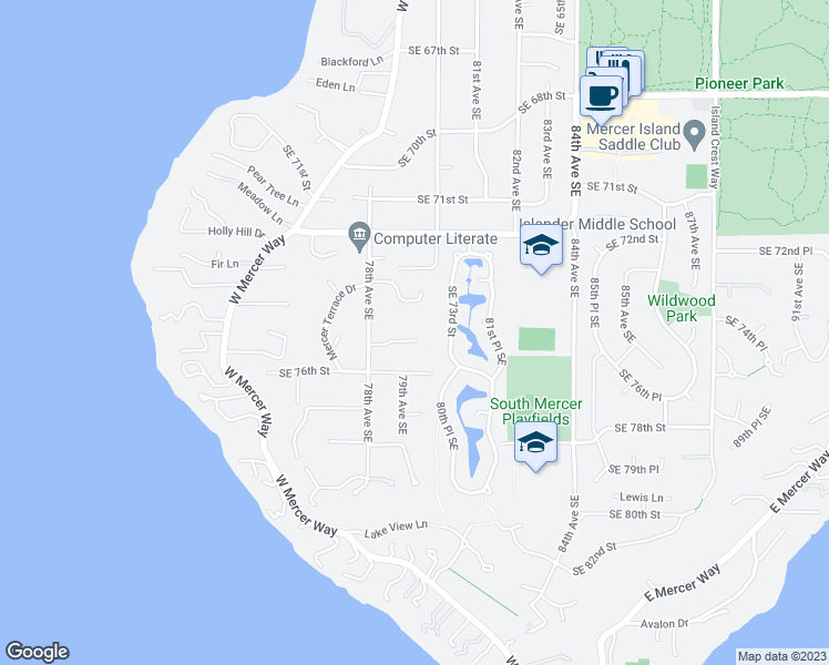 map of restaurants, bars, coffee shops, grocery stores, and more near 7834 Southeast 75th Place in Mercer Island