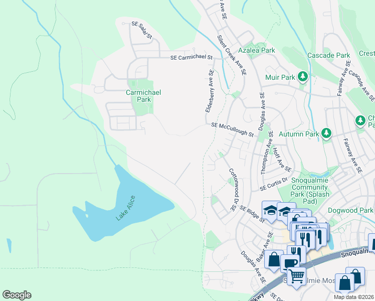map of restaurants, bars, coffee shops, grocery stores, and more near 7416 Lake Alice Road Southeast in Fall City
