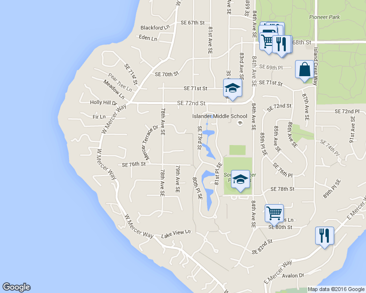 map of restaurants, bars, coffee shops, grocery stores, and more near 7834 Southeast 75th Place in Mercer Island
