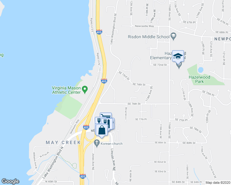 map of restaurants, bars, coffee shops, grocery stores, and more near 1900 Northeast 48th Street in Newcastle