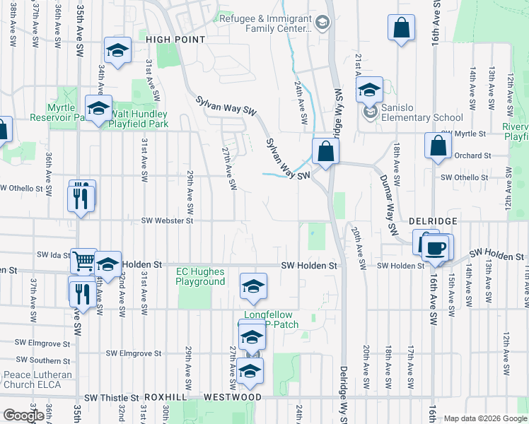 map of restaurants, bars, coffee shops, grocery stores, and more near 2470 Southwest Webster Street in Seattle
