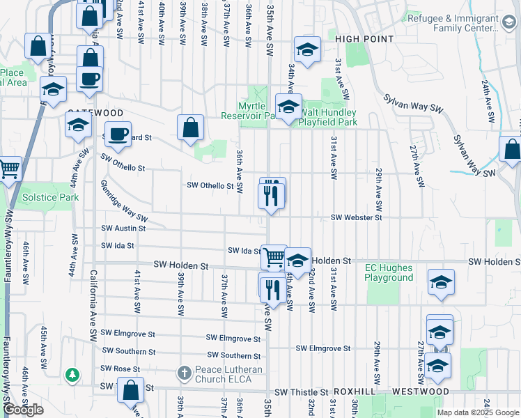 map of restaurants, bars, coffee shops, grocery stores, and more near 7327 35th Avenue Southwest in Seattle