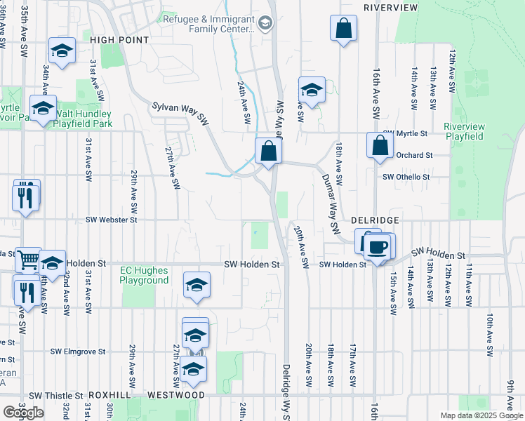 map of restaurants, bars, coffee shops, grocery stores, and more near 2300 Southwest Webster Street in Seattle