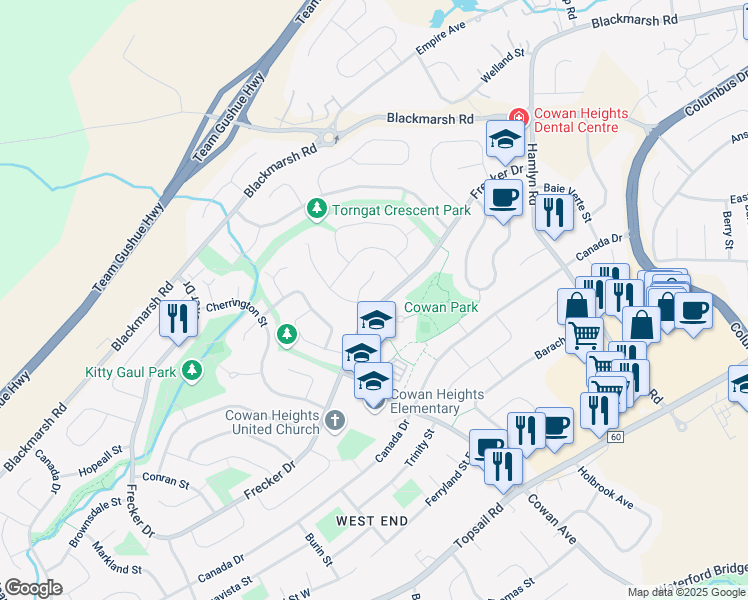 map of restaurants, bars, coffee shops, grocery stores, and more near 1 Creston Place in St. John's