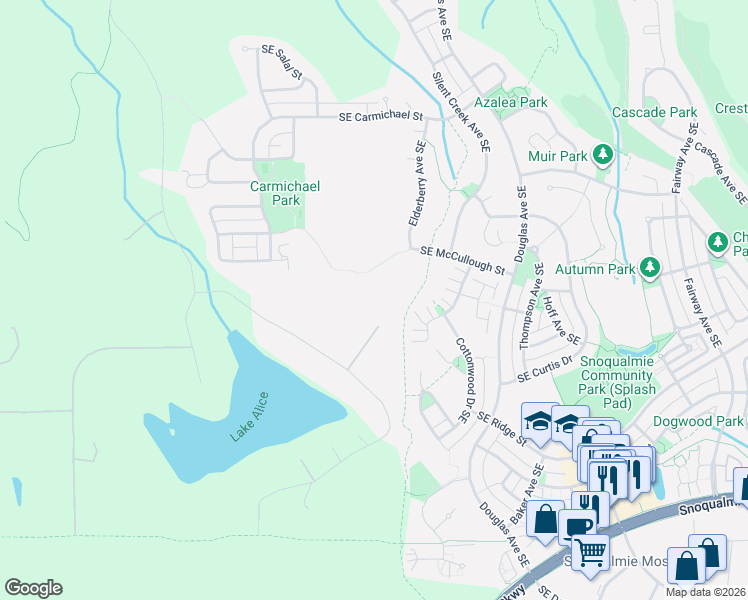map of restaurants, bars, coffee shops, grocery stores, and more near 7416 Lake Alice Road Southeast in Fall City