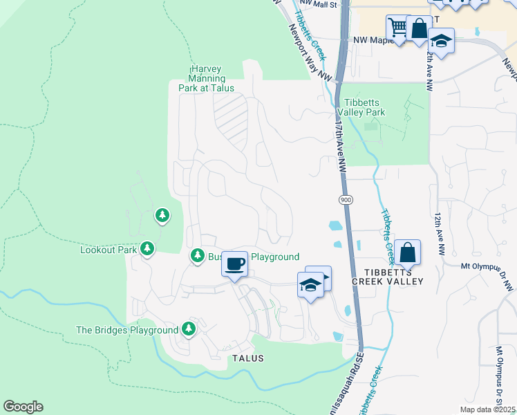 map of restaurants, bars, coffee shops, grocery stores, and more near 510 Timber Creek Drive Northwest in Issaquah