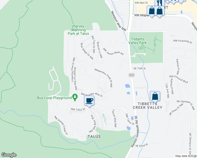 map of restaurants, bars, coffee shops, grocery stores, and more near 510 Timber Creek Drive Northwest in Issaquah
