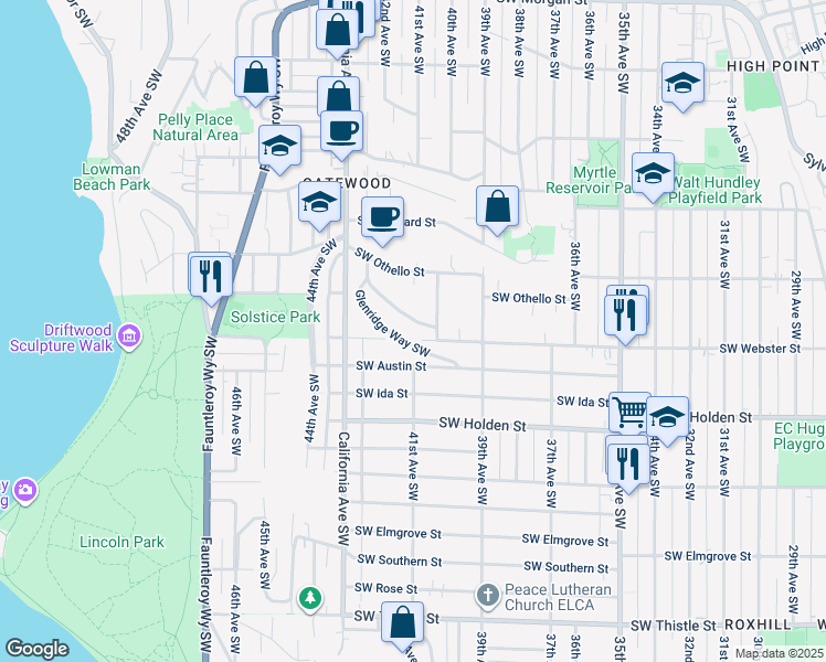 map of restaurants, bars, coffee shops, grocery stores, and more near 7446 Gatewood Road Southwest in Seattle