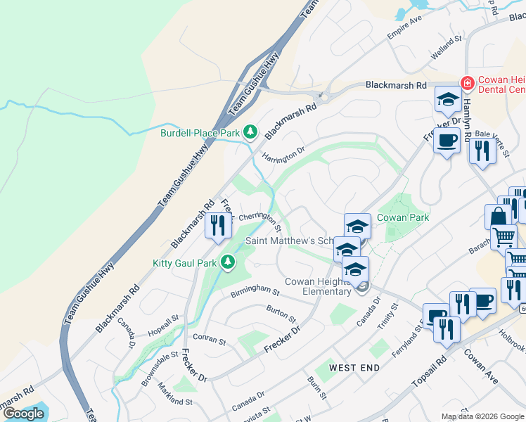 map of restaurants, bars, coffee shops, grocery stores, and more near 56 Cherrington Street in St. John's