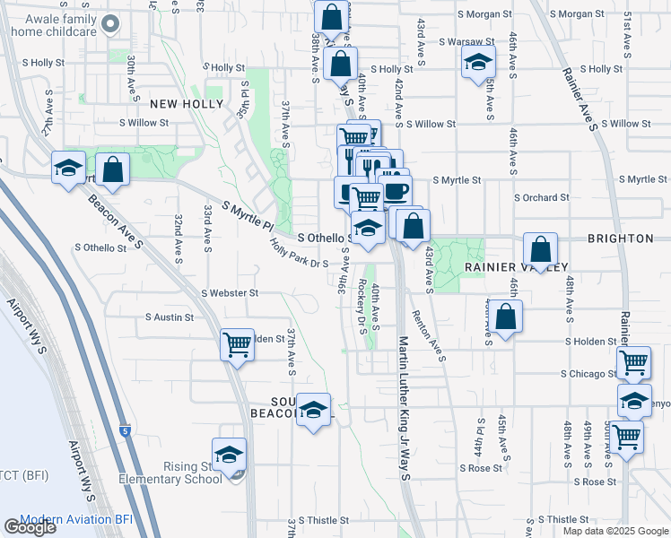 map of restaurants, bars, coffee shops, grocery stores, and more near 3817 South Holly Park Drive in Seattle