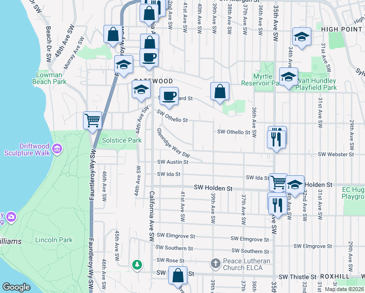 map of restaurants, bars, coffee shops, grocery stores, and more near 7446 Gatewood Road Southwest in Seattle