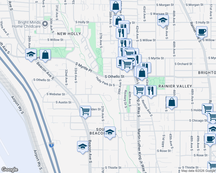map of restaurants, bars, coffee shops, grocery stores, and more near 3733 Holly Park Drive South in Seattle