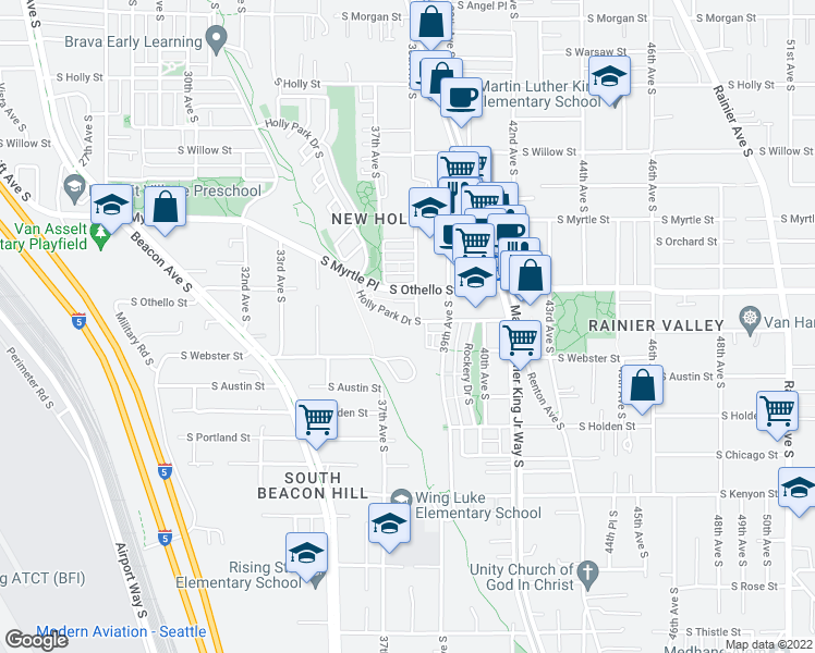 map of restaurants, bars, coffee shops, grocery stores, and more near 3737 Holly Park Drive South in Seattle
