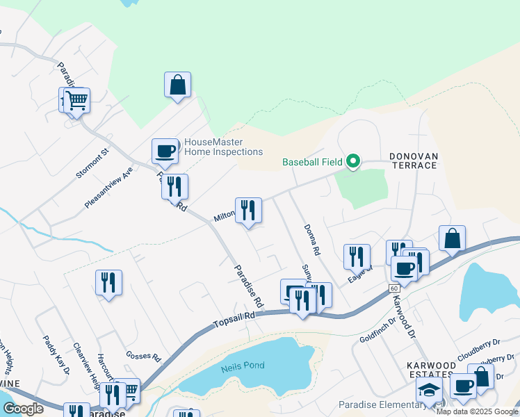 map of restaurants, bars, coffee shops, grocery stores, and more near 28 Milton Road in Paradise