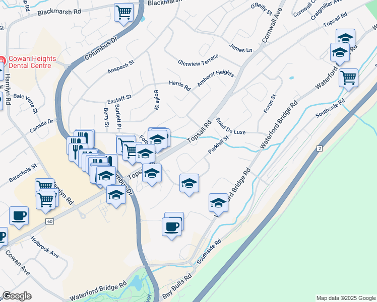 map of restaurants, bars, coffee shops, grocery stores, and more near 85 Parkhill Street in St. John's