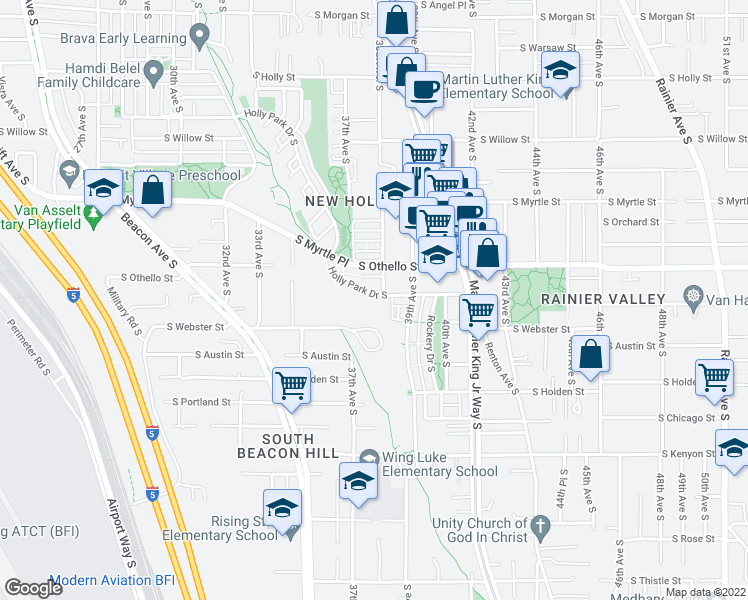 map of restaurants, bars, coffee shops, grocery stores, and more near 3737 Holly Park Drive South in Seattle