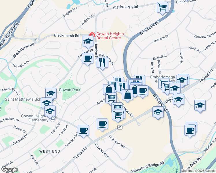 map of restaurants, bars, coffee shops, grocery stores, and more near 3 Curling Place in St. John's