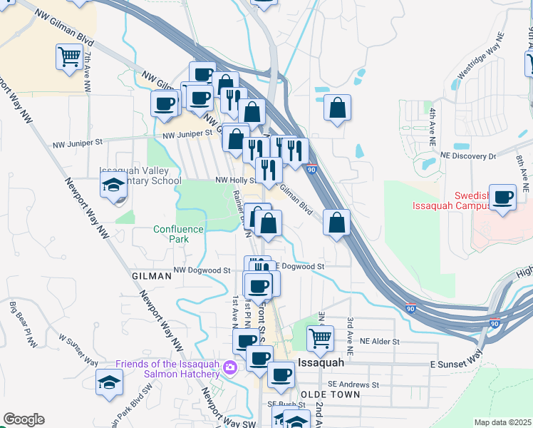 map of restaurants, bars, coffee shops, grocery stores, and more near 628 Front Street North in Issaquah