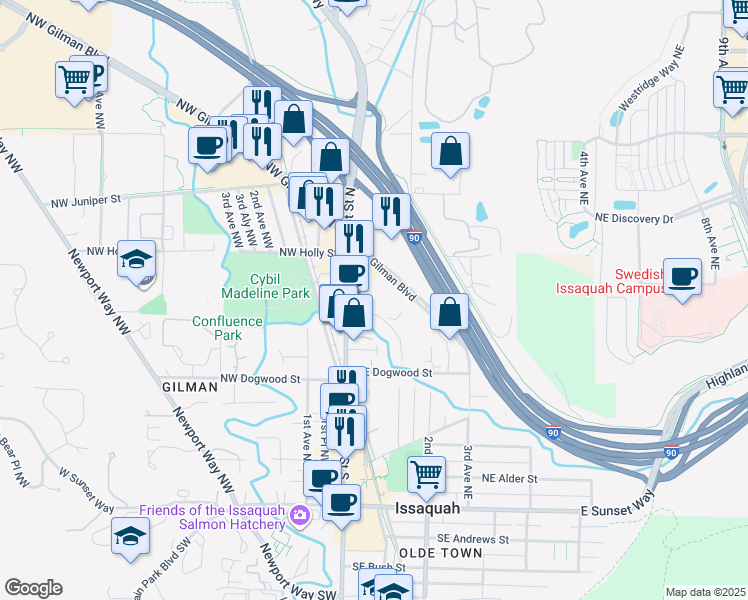 map of restaurants, bars, coffee shops, grocery stores, and more near 628 Front Street North in Issaquah
