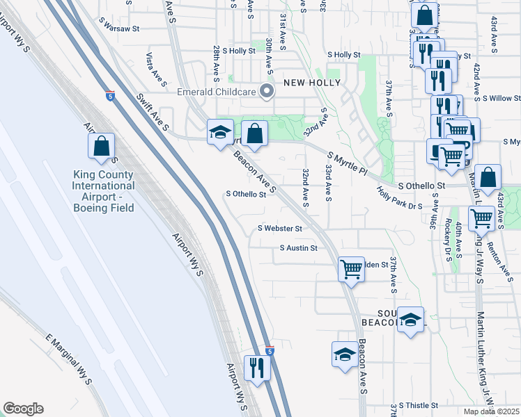 map of restaurants, bars, coffee shops, grocery stores, and more near 7301 Beacon Avenue South in Seattle