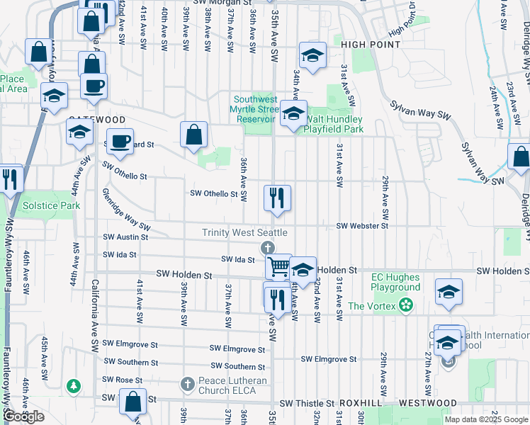map of restaurants, bars, coffee shops, grocery stores, and more near 7327 35th Avenue Southwest in Seattle
