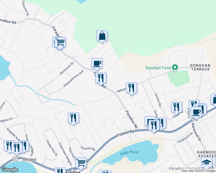 map of restaurants, bars, coffee shops, grocery stores, and more near 15 Husseys Road in Paradise