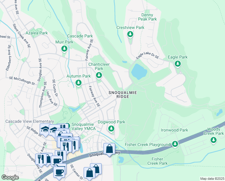 map of restaurants, bars, coffee shops, grocery stores, and more near 7216 Laurel Avenue Southeast in Snoqualmie