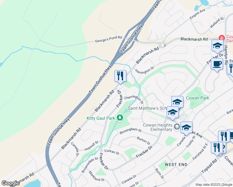 map of restaurants, bars, coffee shops, grocery stores, and more near 6 Bellevue Crescent in St. John's