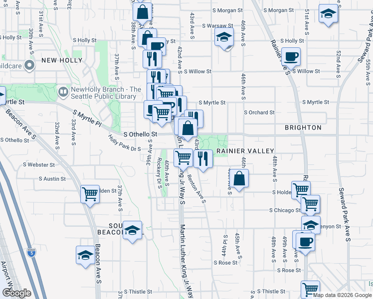 map of restaurants, bars, coffee shops, grocery stores, and more near 7324 Martin Luther King Junior Way South in Seattle