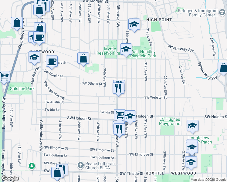map of restaurants, bars, coffee shops, grocery stores, and more near 7343 35th Avenue Southwest in Seattle