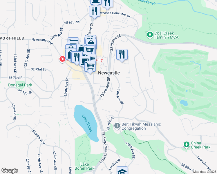 map of restaurants, bars, coffee shops, grocery stores, and more near 7430 Newcastle Golf Club Road in Renton