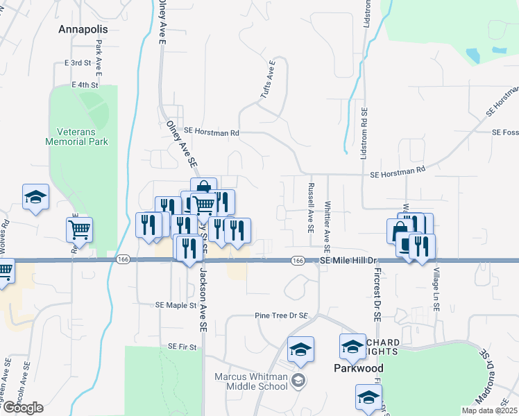 map of restaurants, bars, coffee shops, grocery stores, and more near 3402 Southeast Orlando Street in Port Orchard