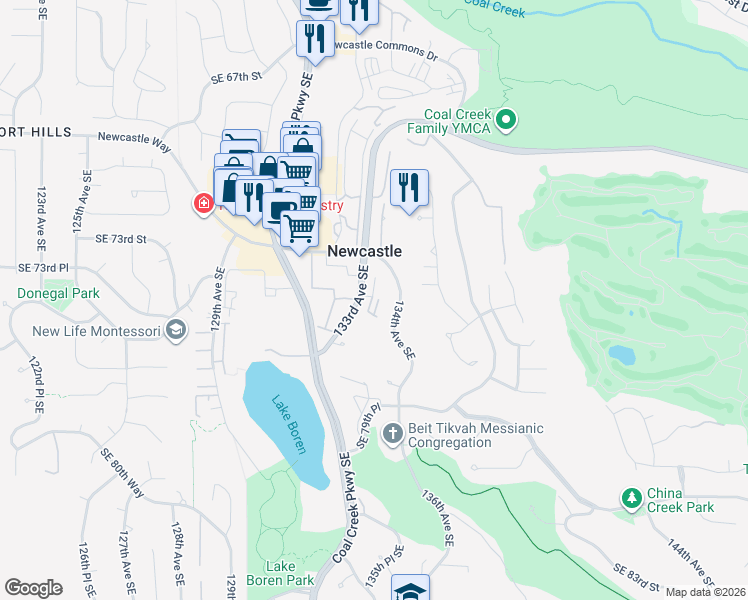map of restaurants, bars, coffee shops, grocery stores, and more near 7410 Newcastle Golf Club Road in Newcastle