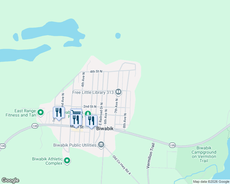 map of restaurants, bars, coffee shops, grocery stores, and more near 701 3rd Street North in Biwabik