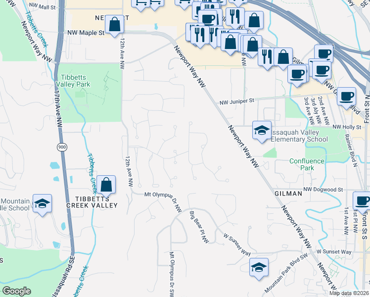 map of restaurants, bars, coffee shops, grocery stores, and more near 635 Northwest Everwood Drive in Issaquah