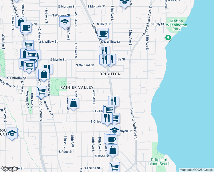 map of restaurants, bars, coffee shops, grocery stores, and more near 7305 Rainier Avenue South in Seattle